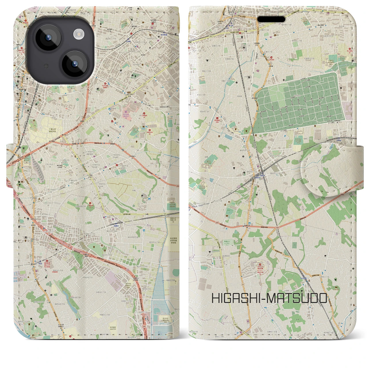 【東松戸(千葉県)】地図柄iPhoneケース(手帳タイプ)ナチュラル・iPhone 14 Plus 用