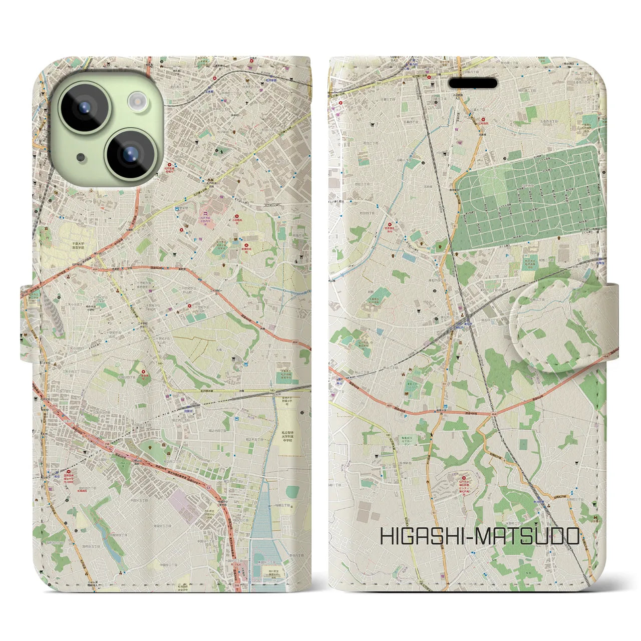 【東松戸(千葉県)】地図柄iPhoneケース(手帳タイプ)ナチュラル・iPhone 15 用