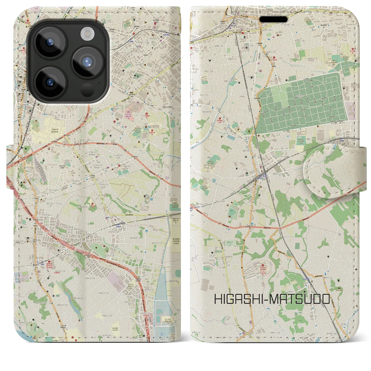 【東松戸(千葉県)】地図柄iPhoneケース(手帳タイプ)ナチュラル・iPhone 15 Pro Max 用