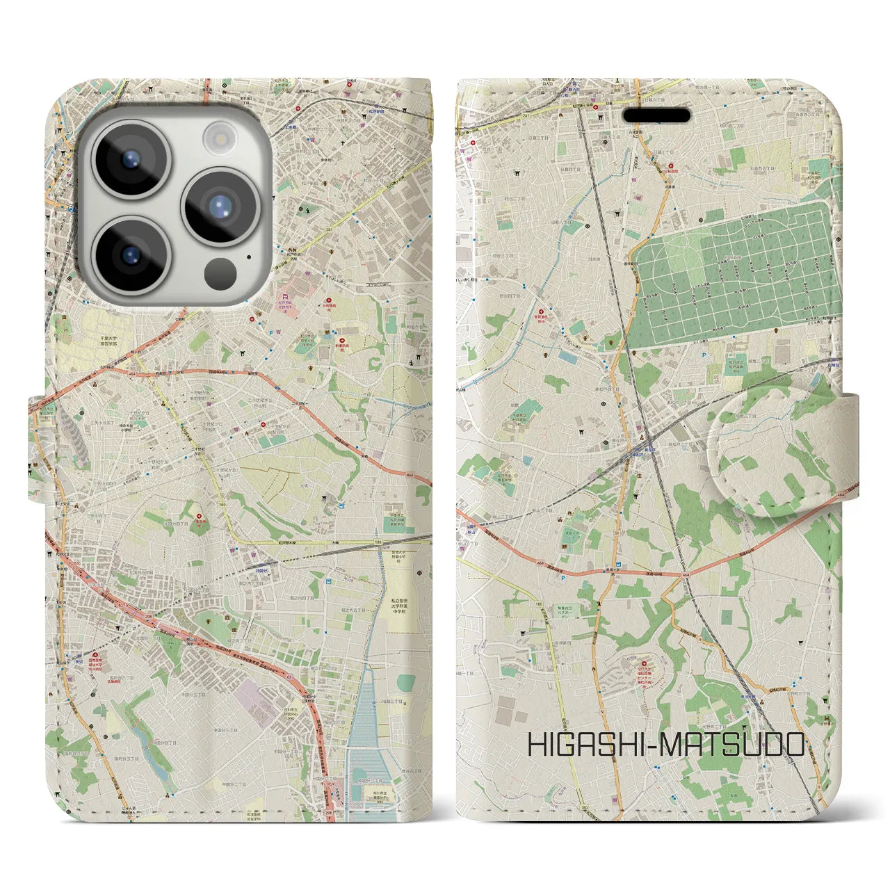 【東松戸(千葉県)】地図柄iPhoneケース(手帳タイプ)ナチュラル・iPhone 15 Pro 用