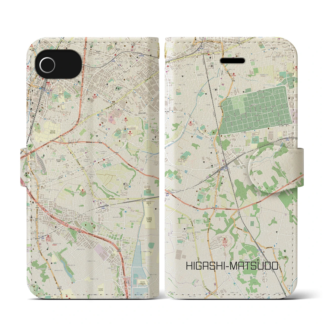 【東松戸(千葉県)】地図柄iPhoneケース(手帳タイプ)ナチュラル・iPhone SE(第3 / 第2世代) / 8 / 7 / 6s / 6 用