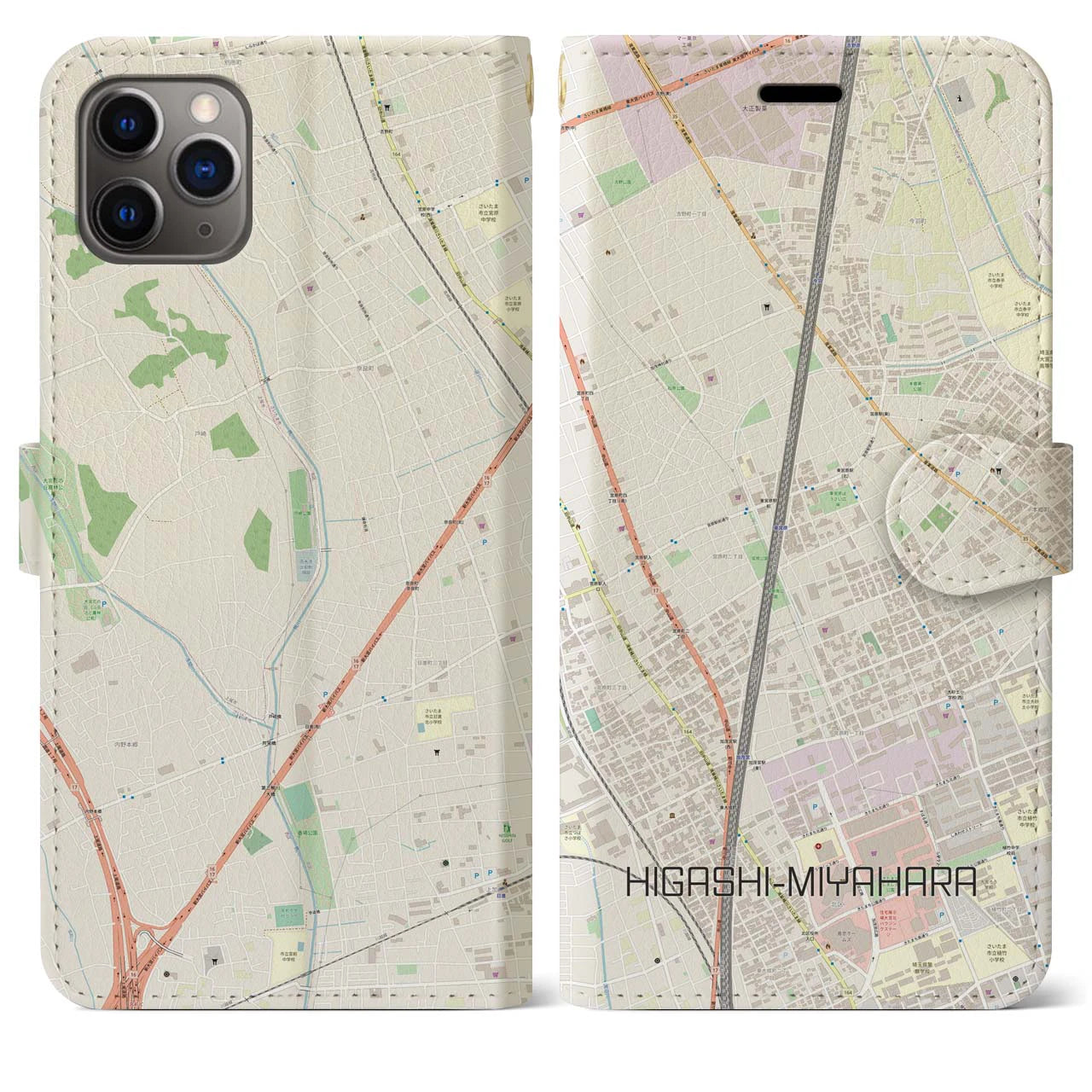 【東宮原(埼玉県)】地図柄iPhoneケース(手帳タイプ)ナチュラル・iPhone 11 Pro Max 用