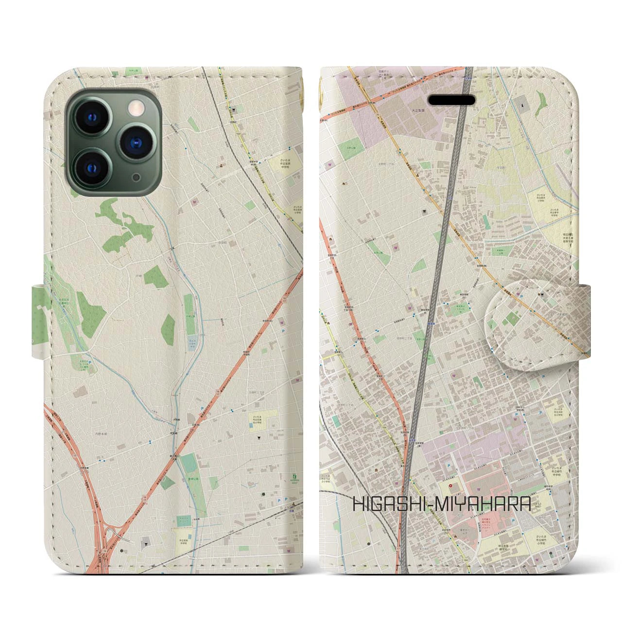 【東宮原(埼玉県)】地図柄iPhoneケース(手帳タイプ)ナチュラル・iPhone 11 Pro 用
