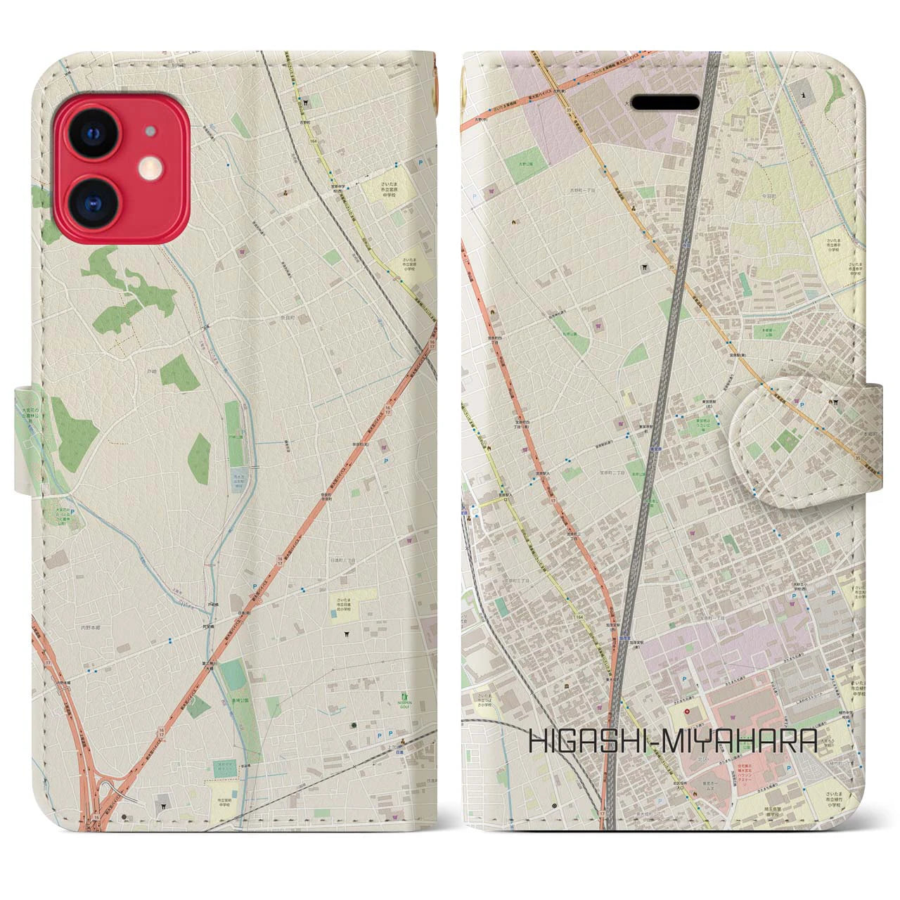 【東宮原(埼玉県)】地図柄iPhoneケース(手帳タイプ)ナチュラル・iPhone 11 用