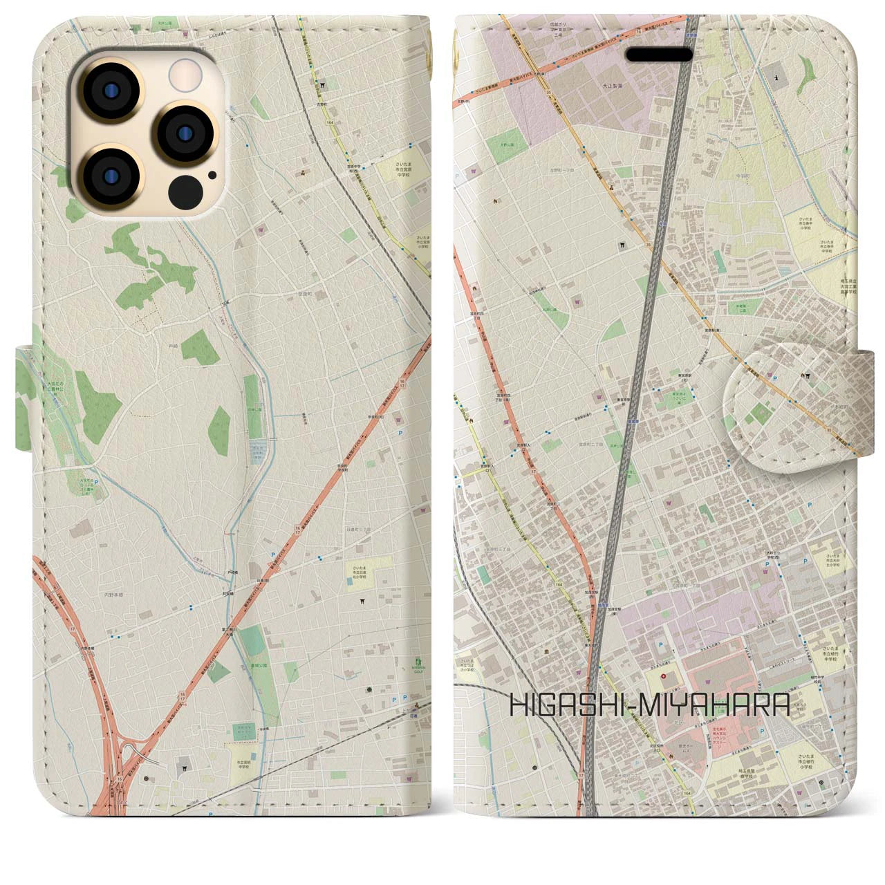 【東宮原(埼玉県)】地図柄iPhoneケース(手帳タイプ)ナチュラル・iPhone 12 Pro Max 用