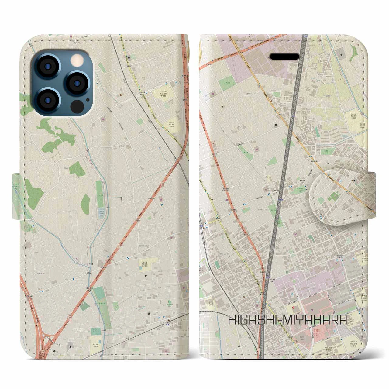 【東宮原(埼玉県)】地図柄iPhoneケース(手帳タイプ)ナチュラル・iPhone 12 / 12 Pro 用