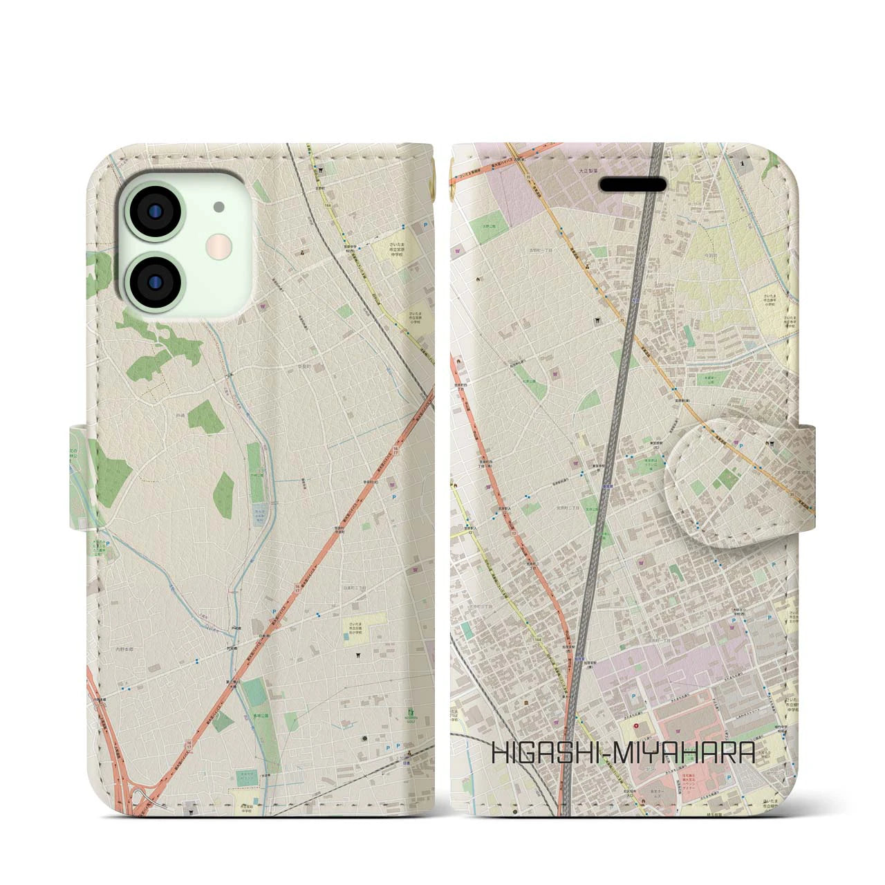 【東宮原(埼玉県)】地図柄iPhoneケース(手帳タイプ)ナチュラル・iPhone 12 mini 用