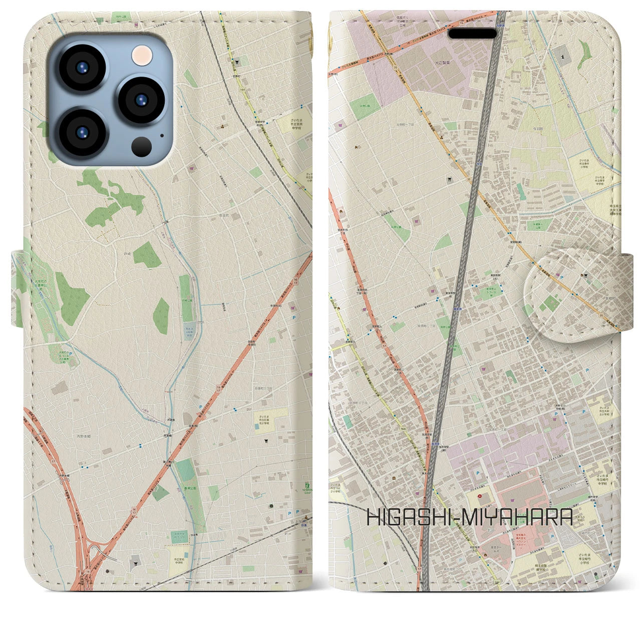 【東宮原(埼玉県)】地図柄iPhoneケース(手帳タイプ)ナチュラル・iPhone 13 Pro Max 用