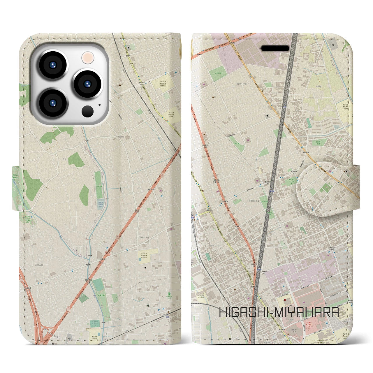 【東宮原(埼玉県)】地図柄iPhoneケース(手帳タイプ)ナチュラル・iPhone 13 Pro 用