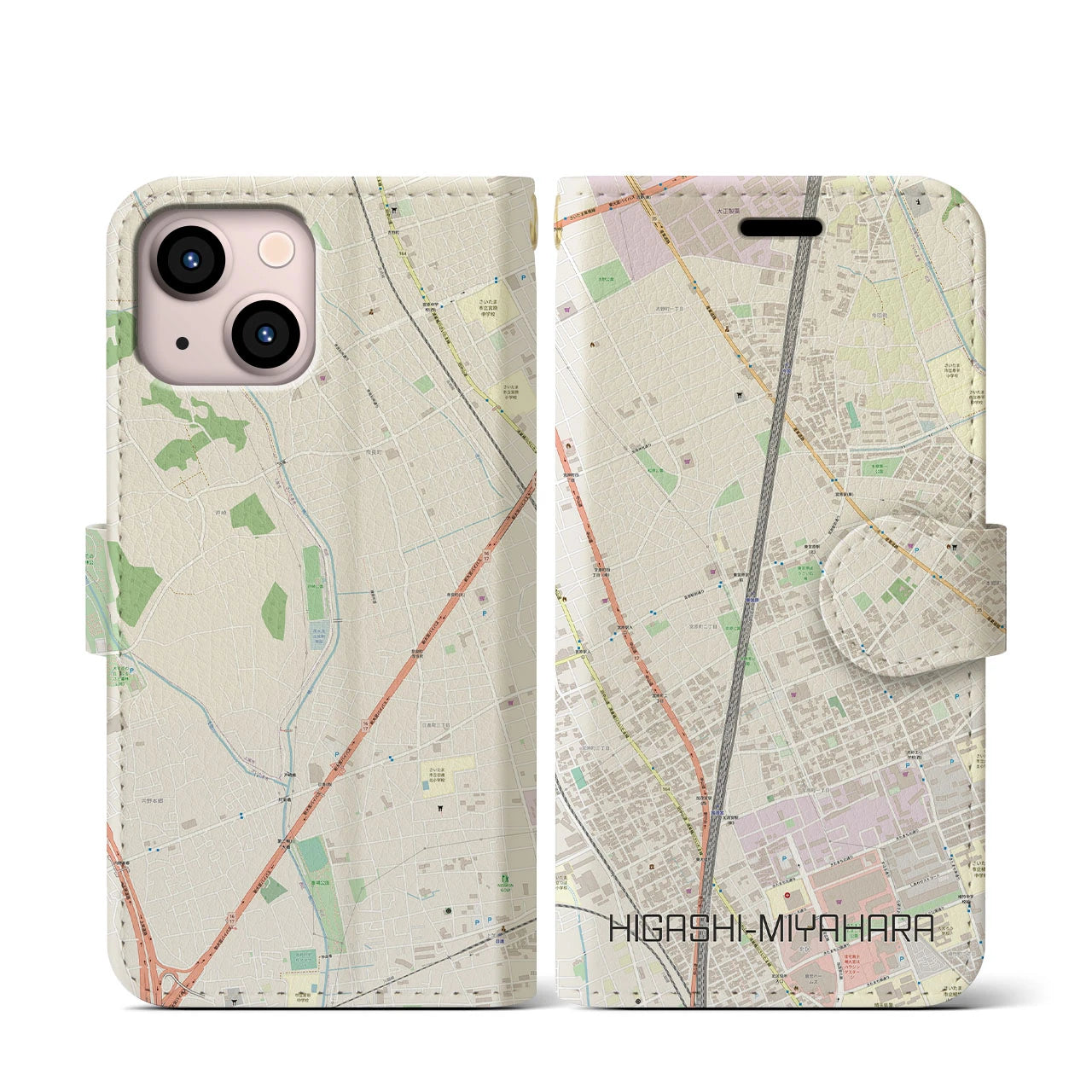 【東宮原(埼玉県)】地図柄iPhoneケース(手帳タイプ)ナチュラル・iPhone 13 mini 用