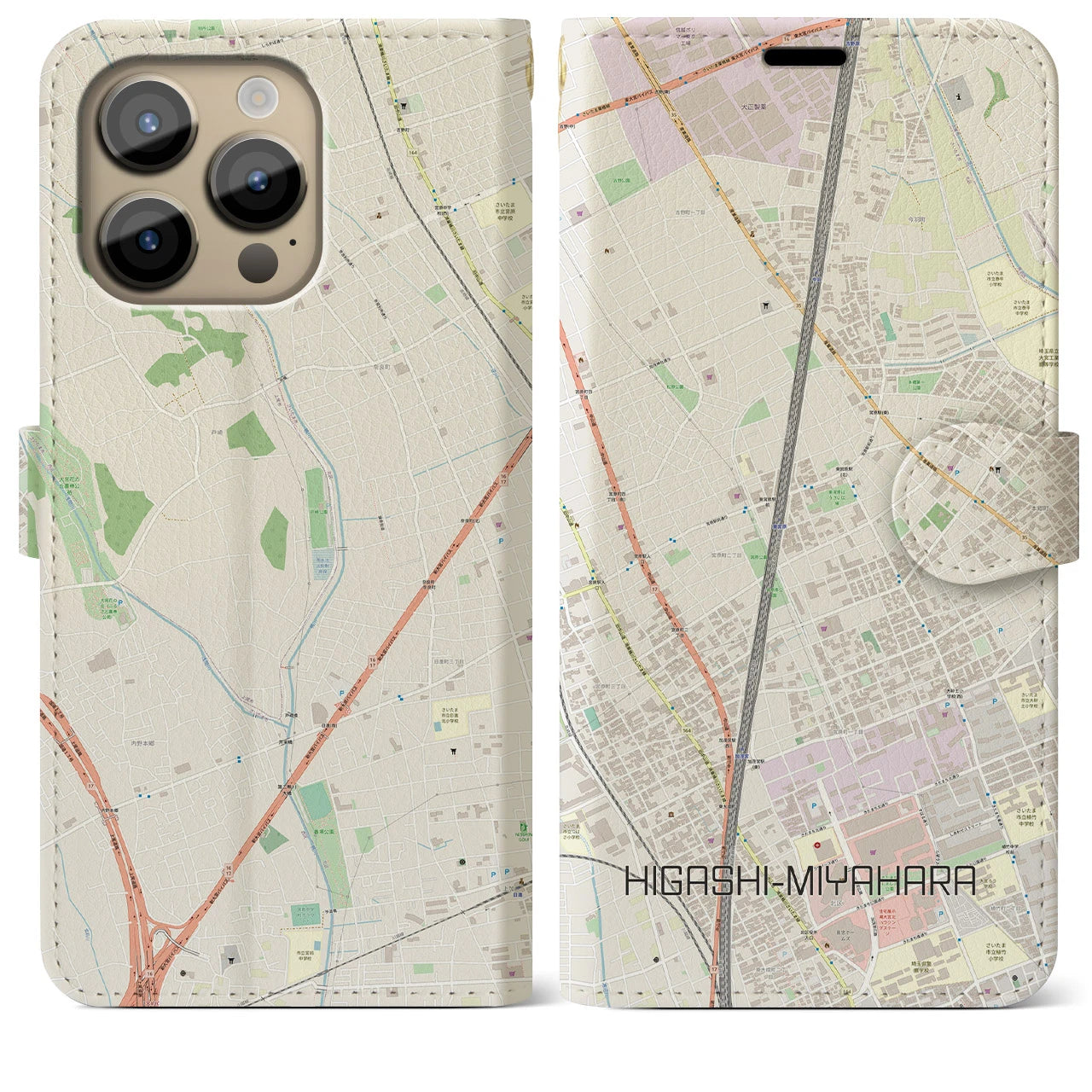 【東宮原(埼玉県)】地図柄iPhoneケース(手帳タイプ)ナチュラル・iPhone 14 Pro Max 用