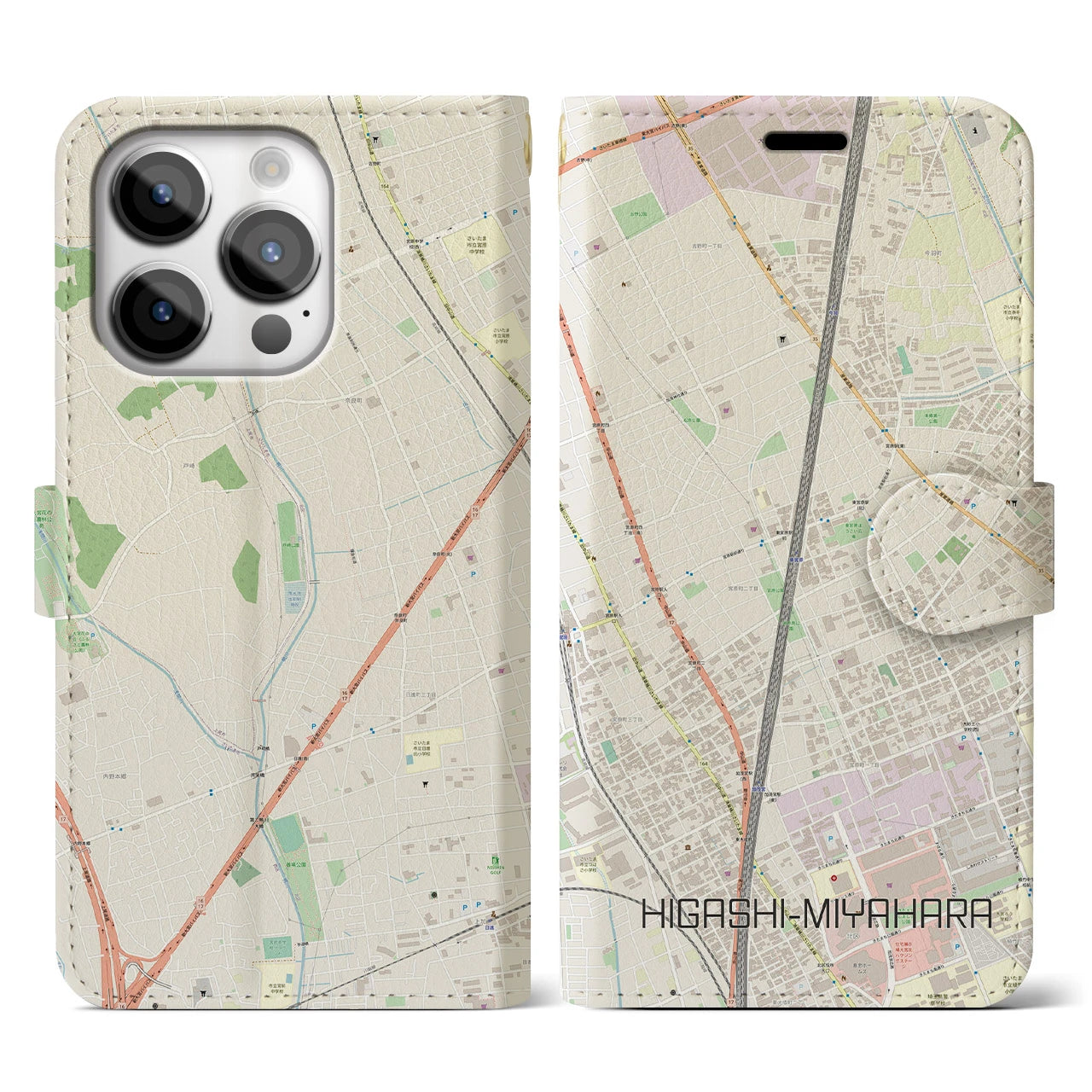【東宮原(埼玉県)】地図柄iPhoneケース(手帳タイプ)ナチュラル・iPhone 14 Pro 用