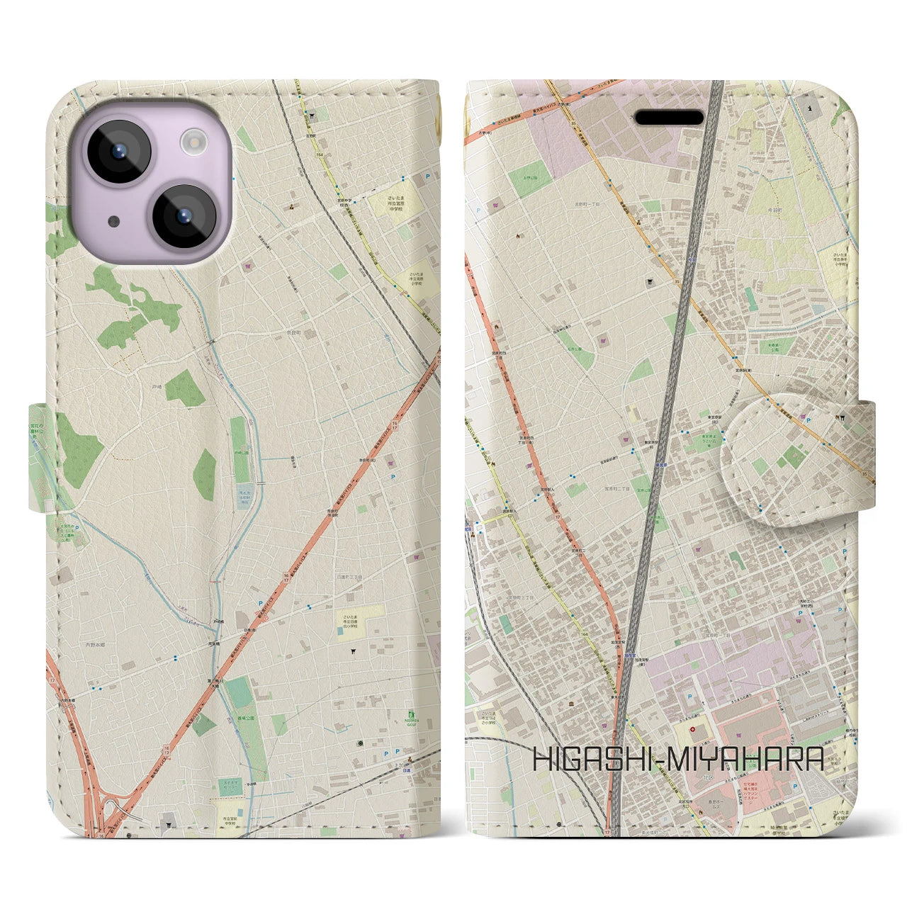 【東宮原(埼玉県)】地図柄iPhoneケース(手帳タイプ)ナチュラル・iPhone 14 用
