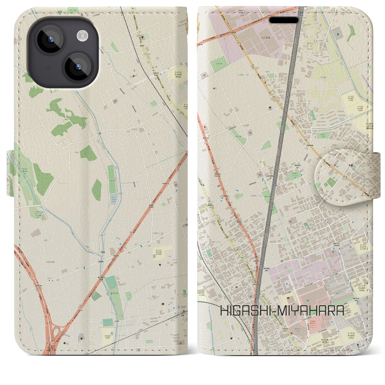【東宮原(埼玉県)】地図柄iPhoneケース(手帳タイプ)ナチュラル・iPhone 14 Plus 用