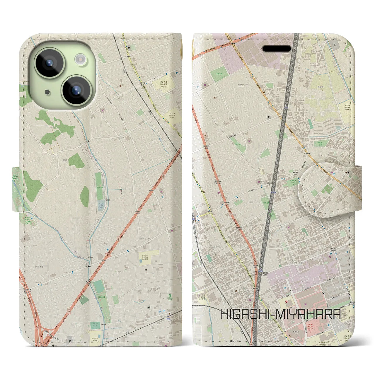 【東宮原(埼玉県)】地図柄iPhoneケース(手帳タイプ)ナチュラル・iPhone 15 用