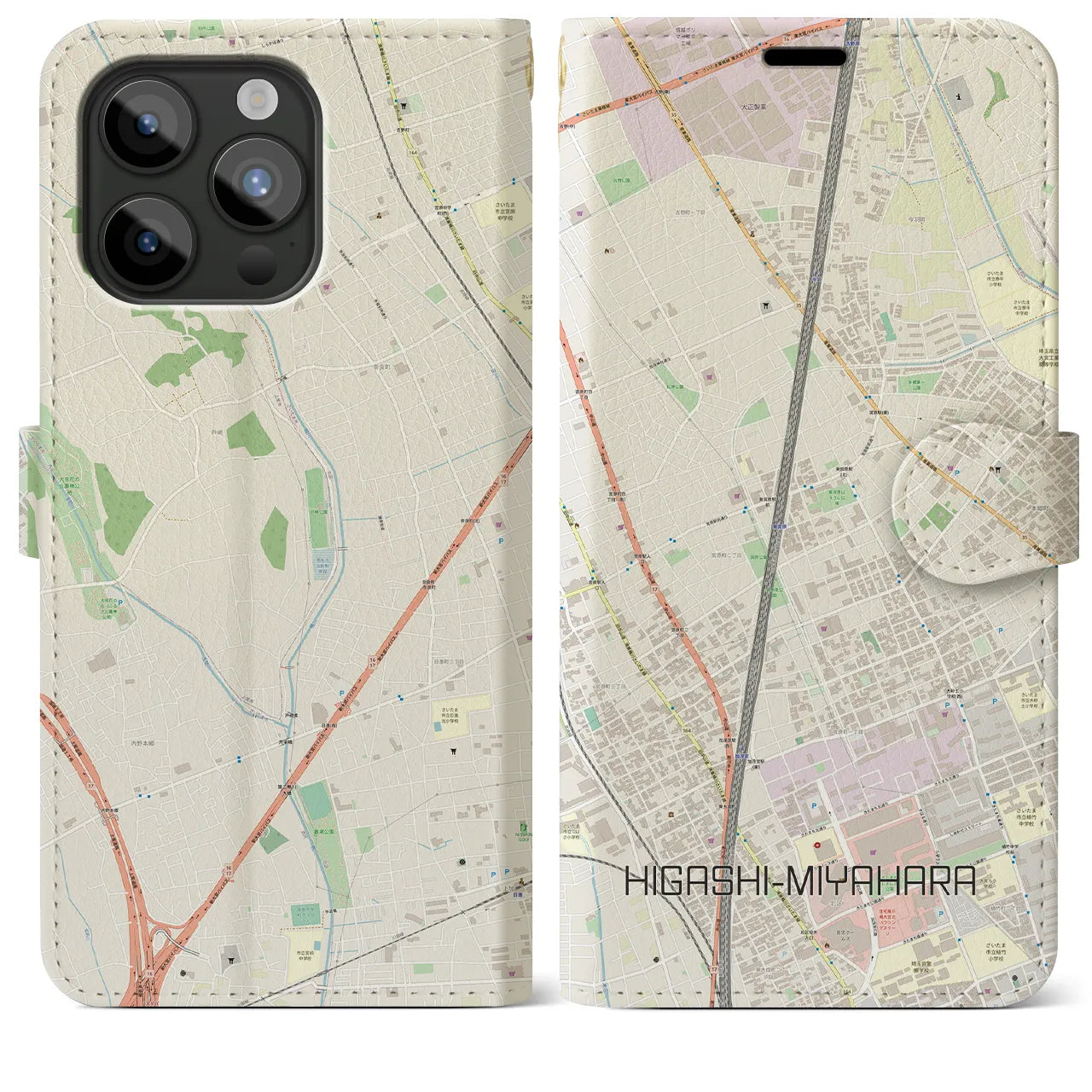 【東宮原(埼玉県)】地図柄iPhoneケース(手帳タイプ)ナチュラル・iPhone 15 Pro Max 用