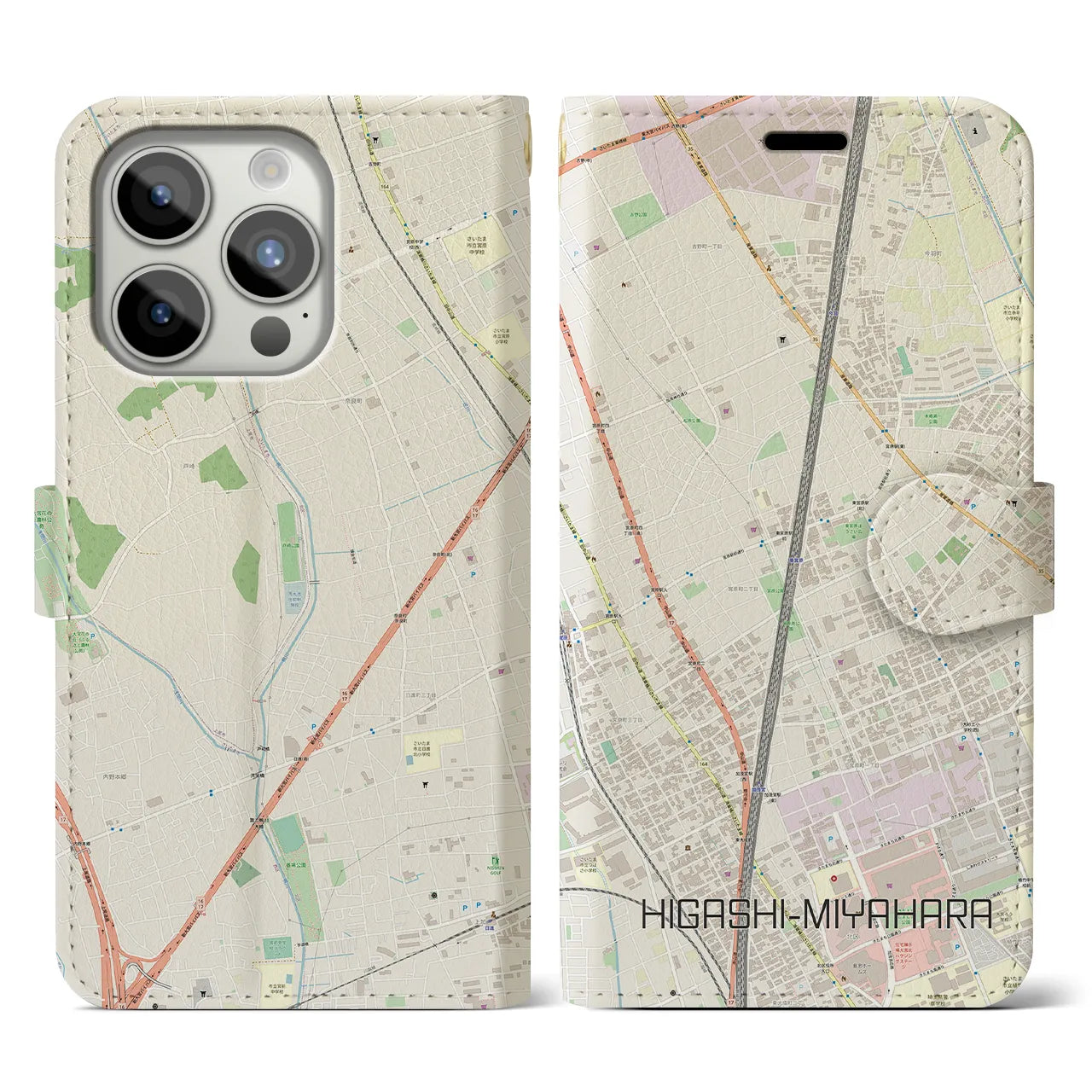 【東宮原(埼玉県)】地図柄iPhoneケース(手帳タイプ)ナチュラル・iPhone 15 Pro 用