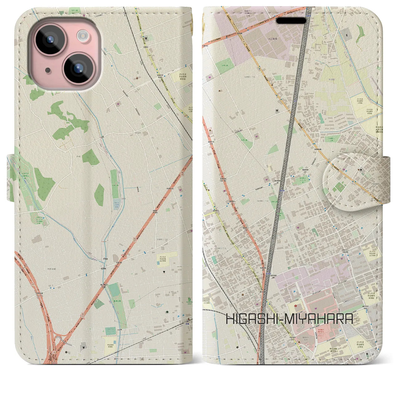 【東宮原(埼玉県)】地図柄iPhoneケース(手帳タイプ)ナチュラル・iPhone 15 Plus 用