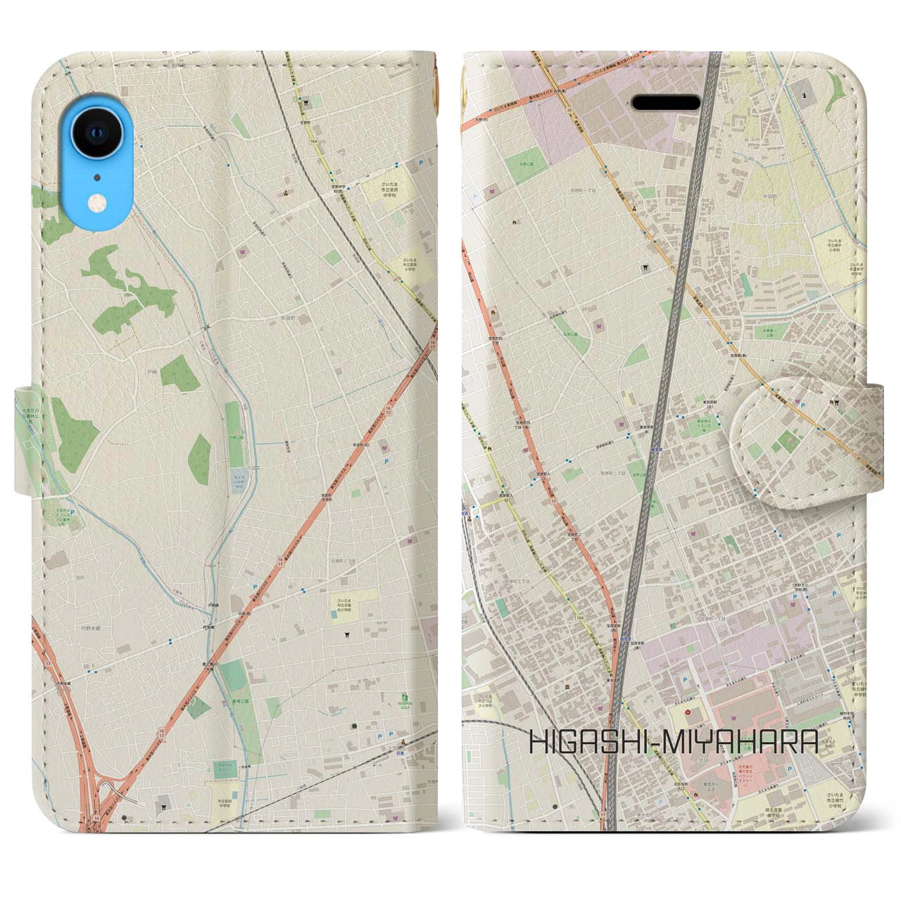 【東宮原(埼玉県)】地図柄iPhoneケース(手帳タイプ)ナチュラル・iPhone XR 用