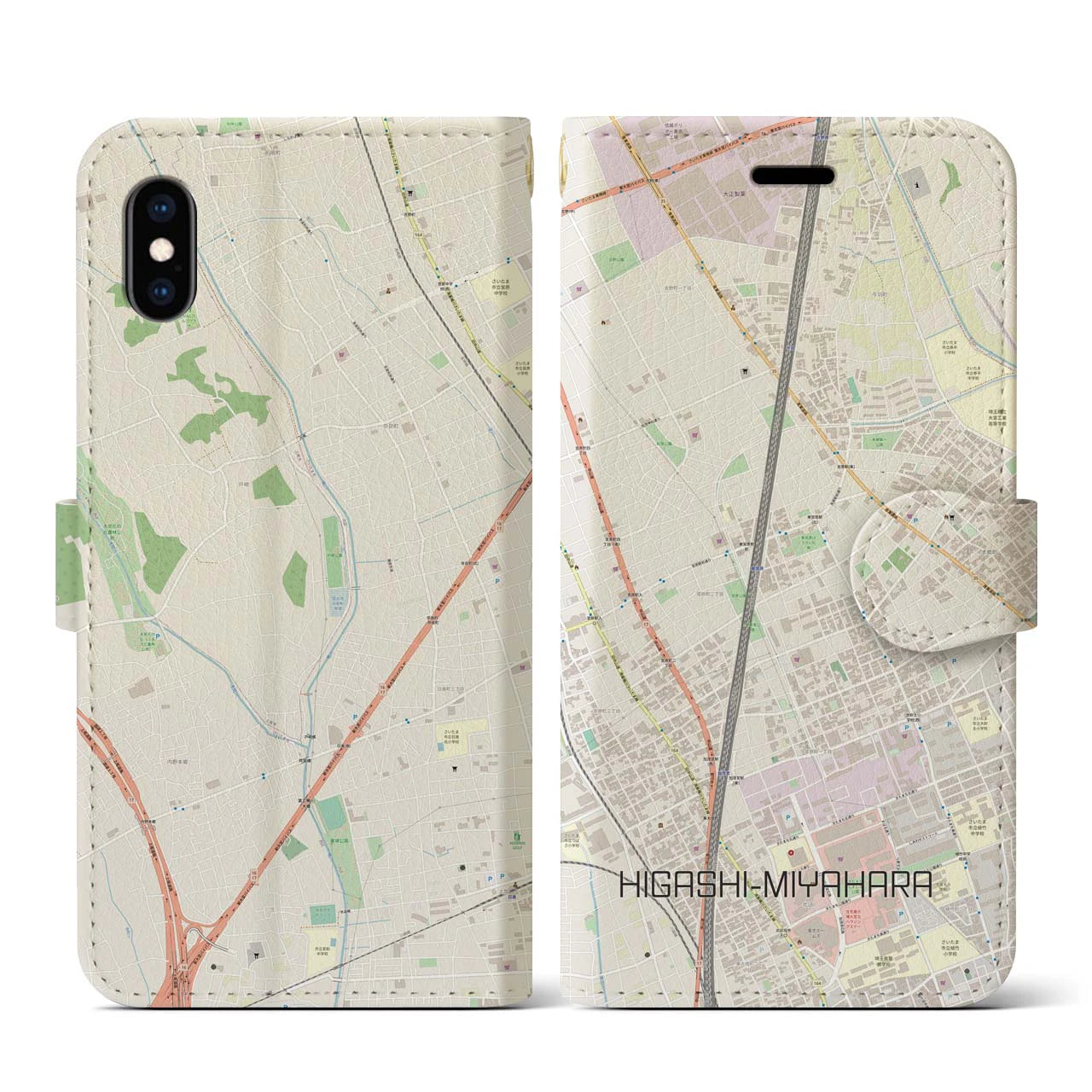【東宮原(埼玉県)】地図柄iPhoneケース(手帳タイプ)ナチュラル・iPhone XS / X 用