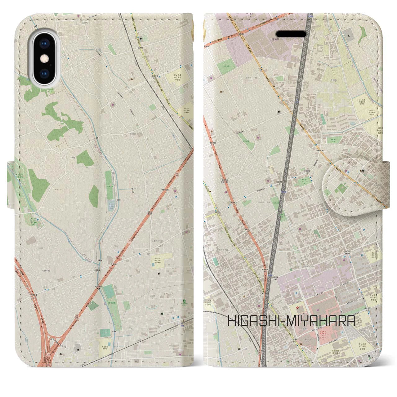 【東宮原(埼玉県)】地図柄iPhoneケース(手帳タイプ)ナチュラル・iPhone XS Max 用