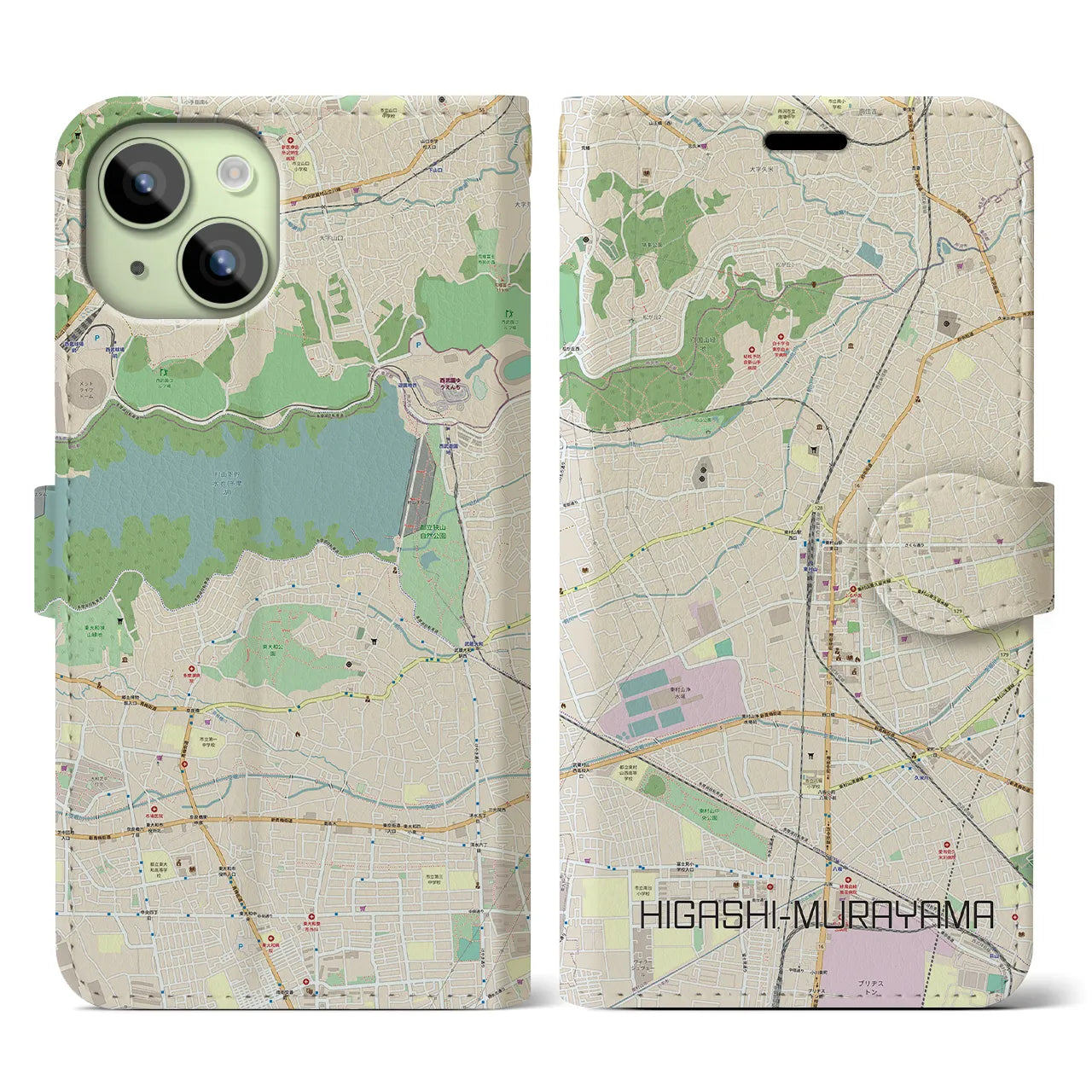 【東村山(東京都)】地図柄iPhoneケース(手帳タイプ)ナチュラル・iPhone 15 用