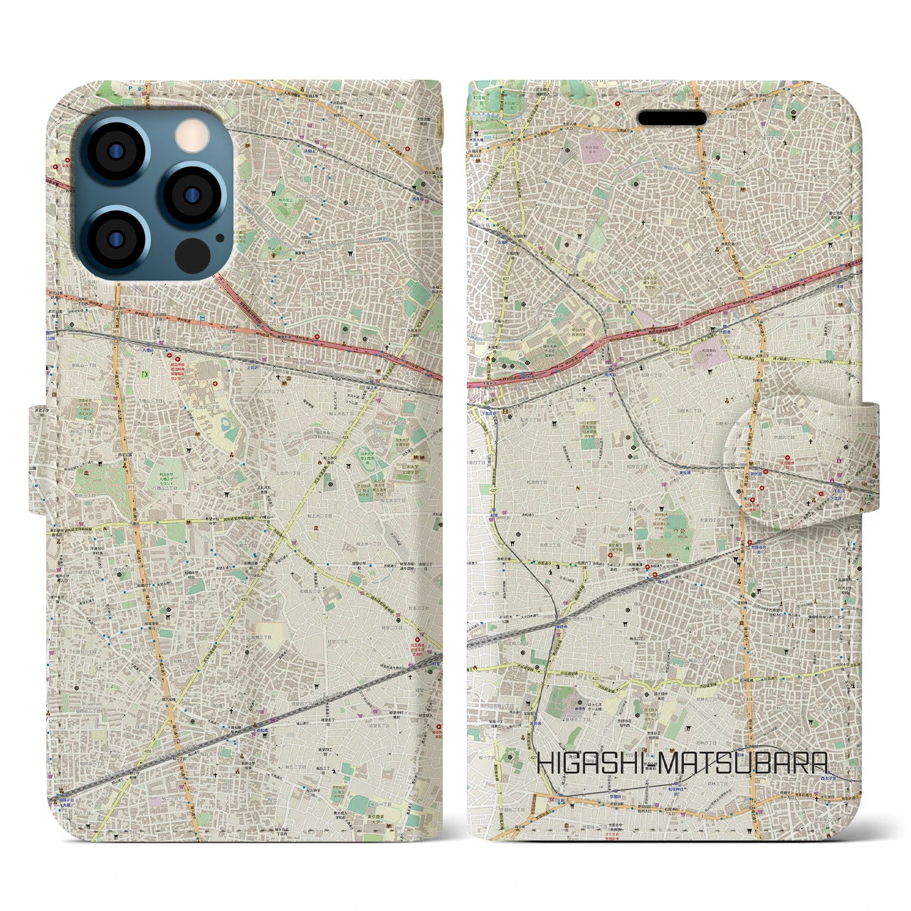 【東松原(東京都)】地図柄iPhoneケース(手帳タイプ)ナチュラル・iPhone 12 / 12 Pro 用