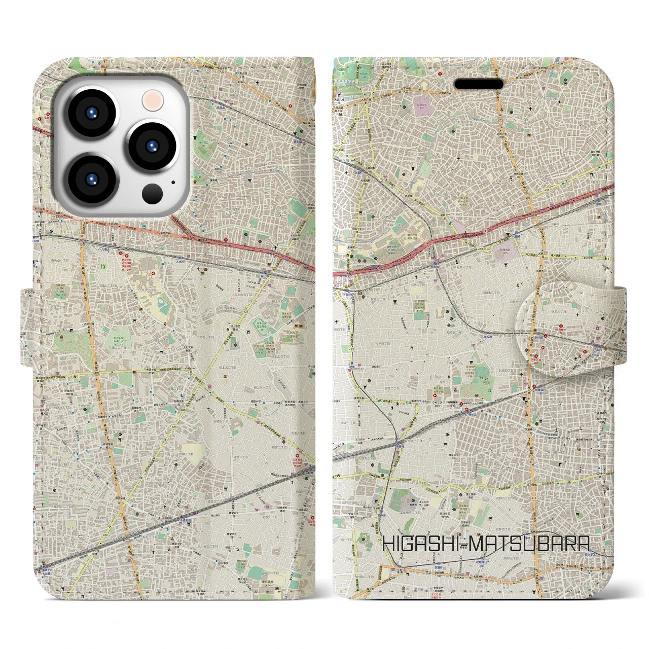 【東松原(東京都)】地図柄iPhoneケース(手帳タイプ)ナチュラル・iPhone 13 Pro 用