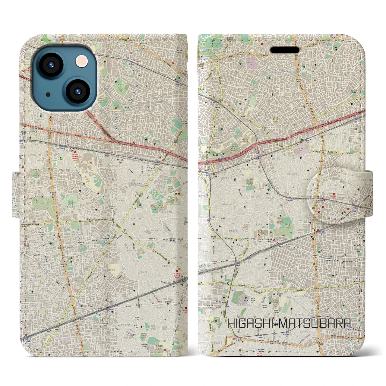 【東松原(東京都)】地図柄iPhoneケース(手帳タイプ)ナチュラル・iPhone 13 用
