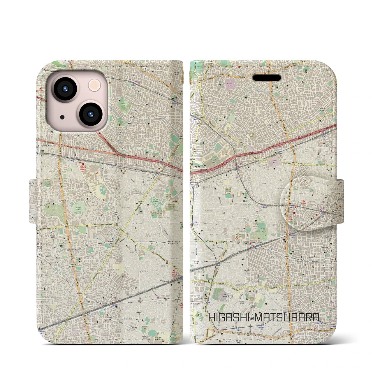 【東松原(東京都)】地図柄iPhoneケース(手帳タイプ)ナチュラル・iPhone 13 mini 用