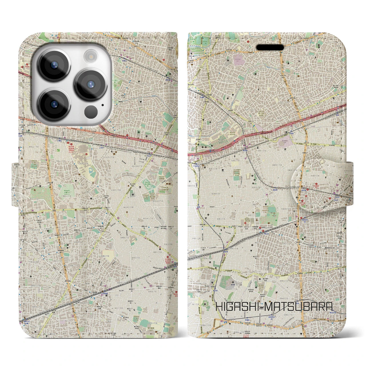 【東松原(東京都)】地図柄iPhoneケース(手帳タイプ)ナチュラル・iPhone 14 Pro 用