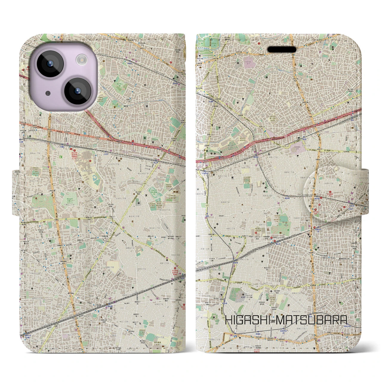 【東松原(東京都)】地図柄iPhoneケース(手帳タイプ)ナチュラル・iPhone 14 用