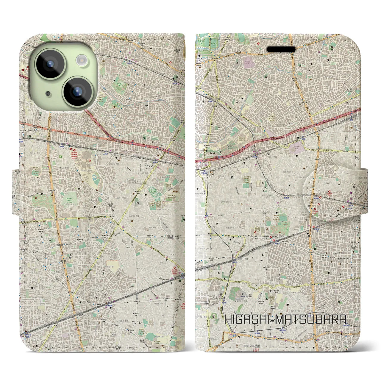【東松原(東京都)】地図柄iPhoneケース(手帳タイプ)ナチュラル・iPhone 15 用