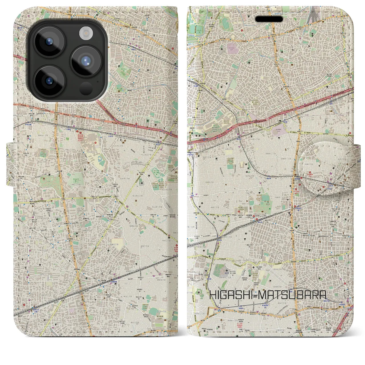 【東松原(東京都)】地図柄iPhoneケース(手帳タイプ)ナチュラル・iPhone 15 Pro Max 用