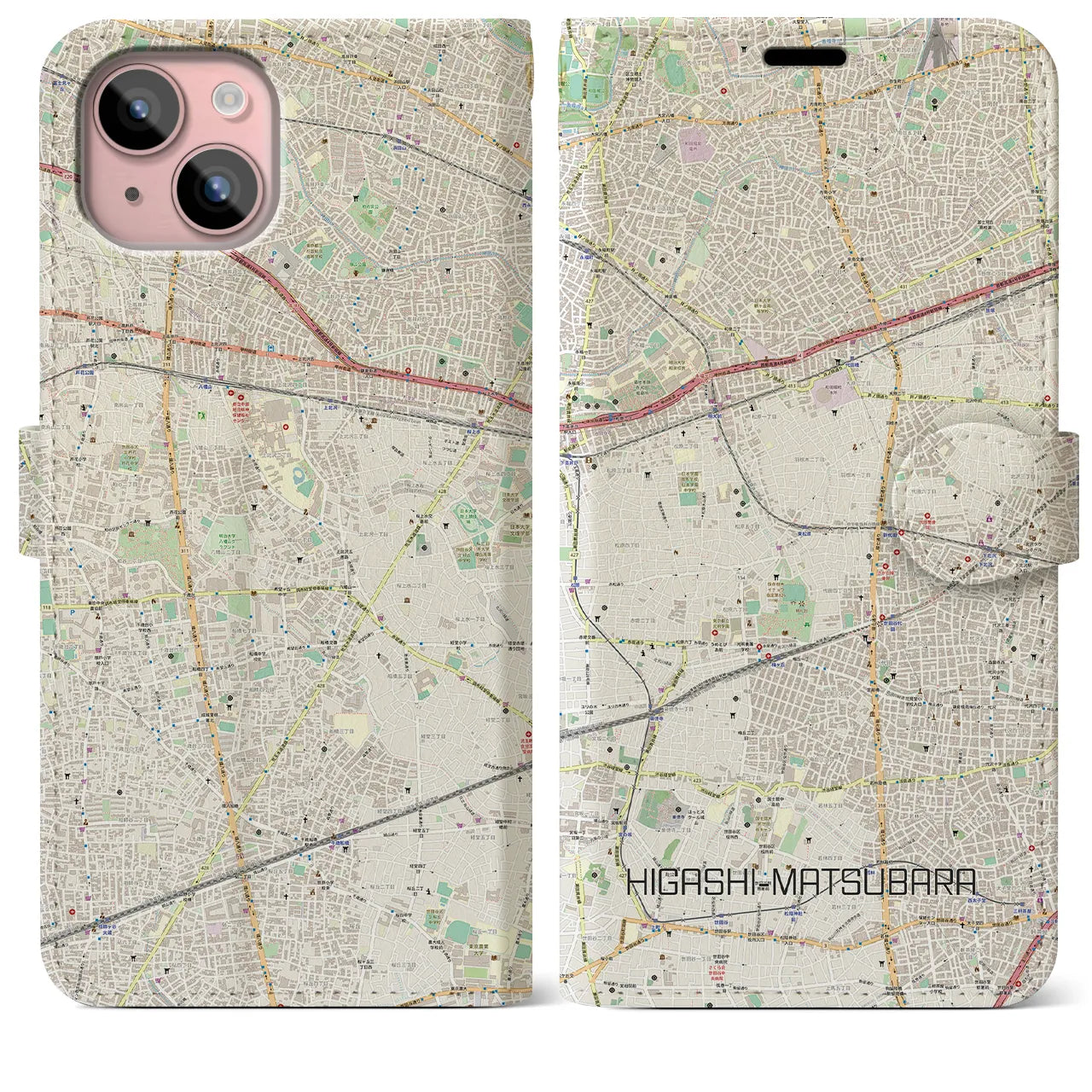 【東松原(東京都)】地図柄iPhoneケース(手帳タイプ)ナチュラル・iPhone 15 Plus 用