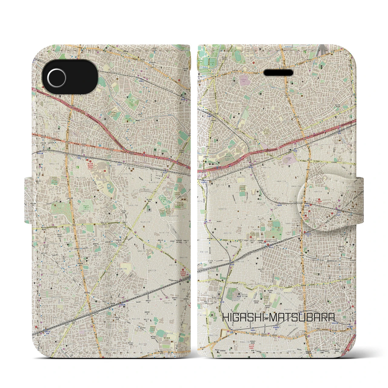 【東松原(東京都)】地図柄iPhoneケース(手帳タイプ)ナチュラル・iPhone SE(第3 / 第2世代) / 8 / 7 / 6s / 6 用