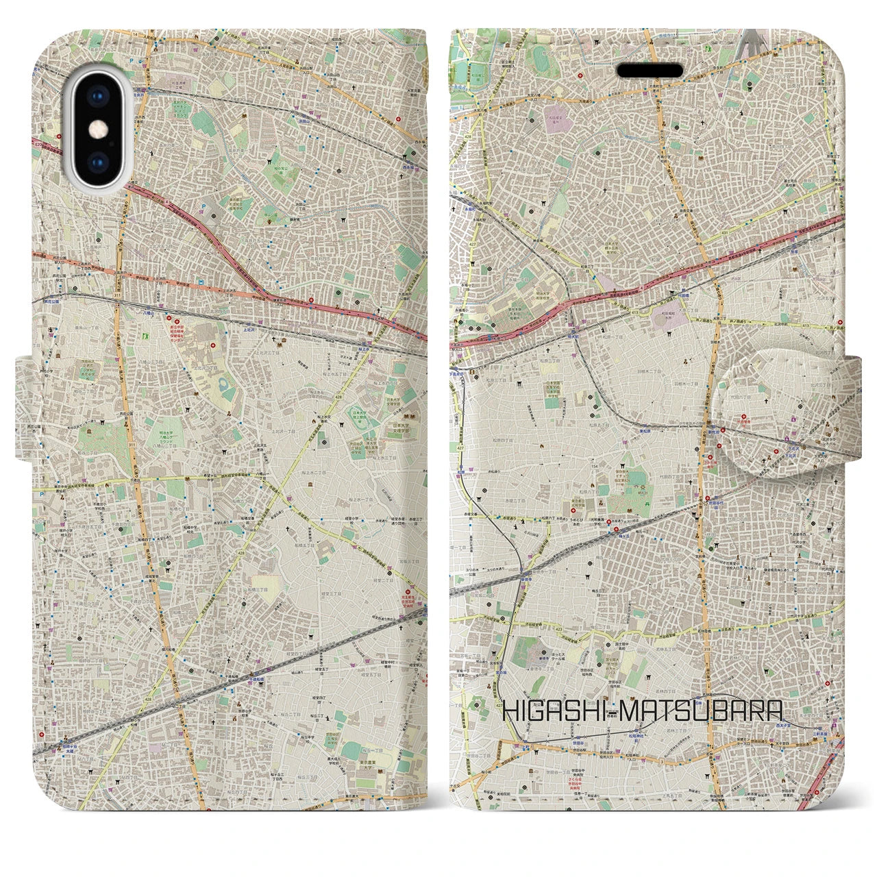 【東松原(東京都)】地図柄iPhoneケース(手帳タイプ)ナチュラル・iPhone XS Max 用