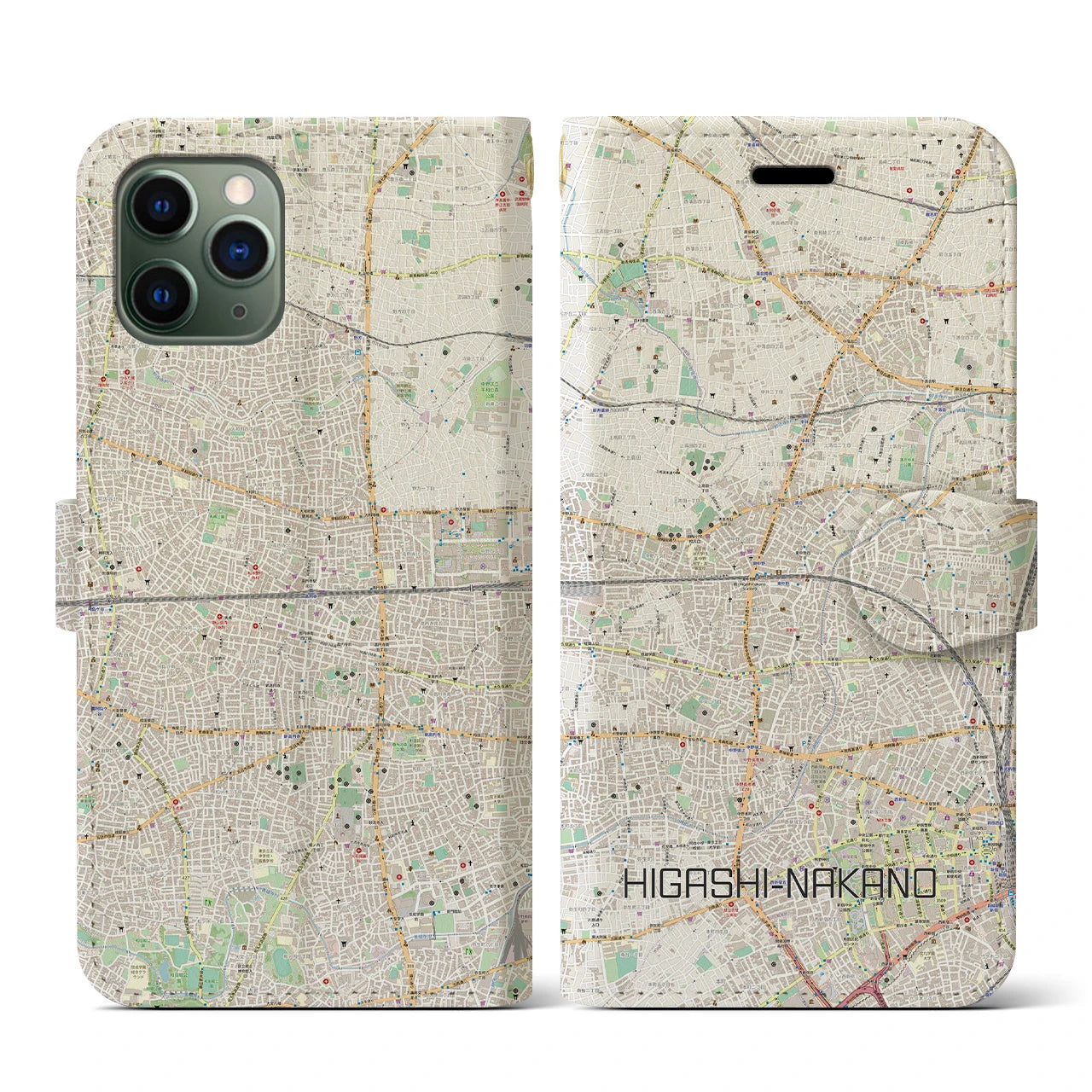 【東中野2(東京都)】地図柄iPhoneケース(手帳タイプ)ナチュラル・iPhone 11 Pro 用