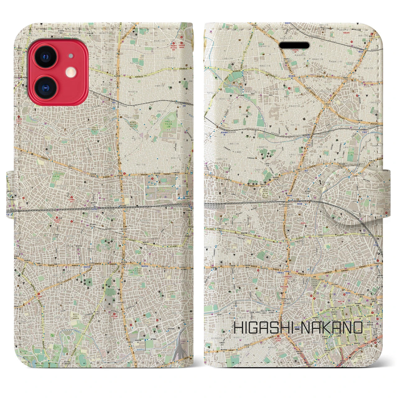 【東中野2(東京都)】地図柄iPhoneケース(手帳タイプ)ナチュラル・iPhone 11 用