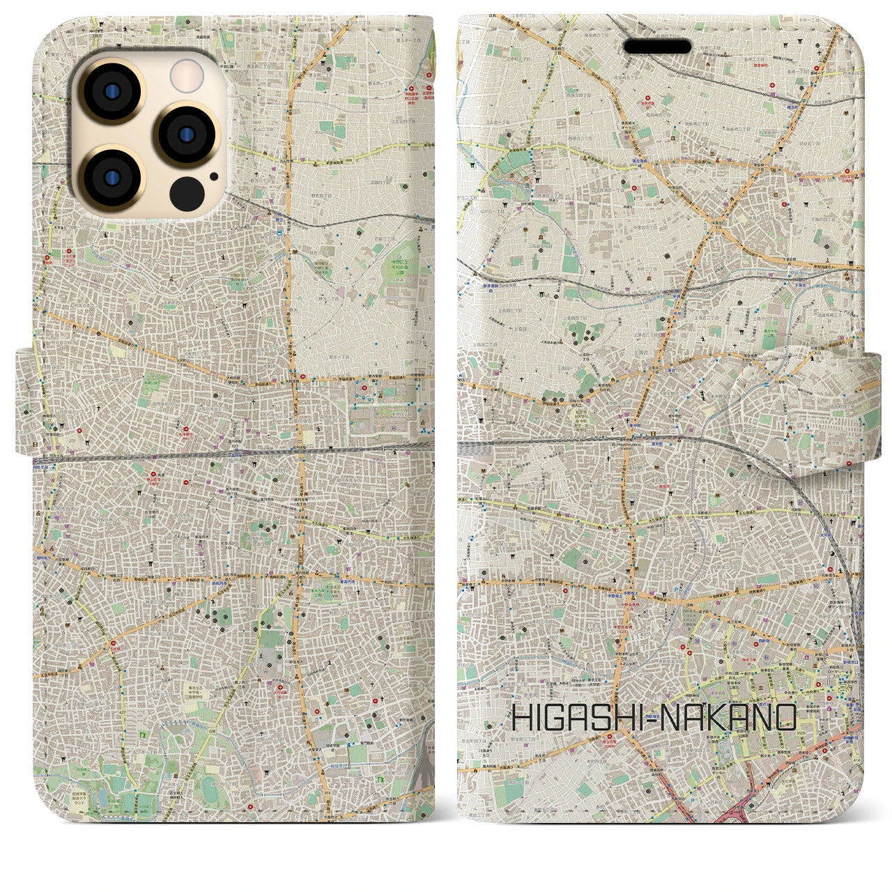 【東中野2(東京都)】地図柄iPhoneケース(手帳タイプ)ナチュラル・iPhone 12 Pro Max 用