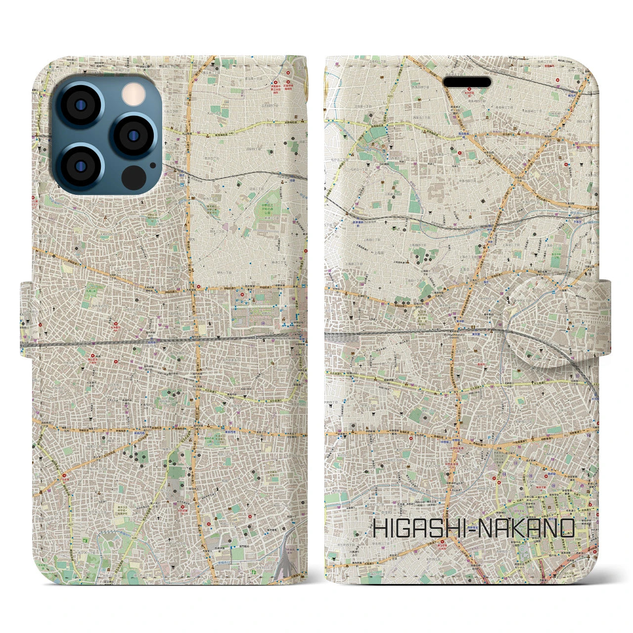 【東中野2(東京都)】地図柄iPhoneケース(手帳タイプ)ナチュラル・iPhone 12 / 12 Pro 用