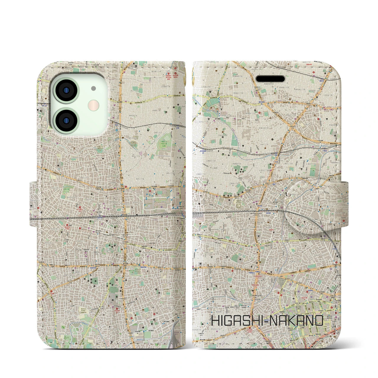【東中野2(東京都)】地図柄iPhoneケース(手帳タイプ)ナチュラル・iPhone 12 mini 用