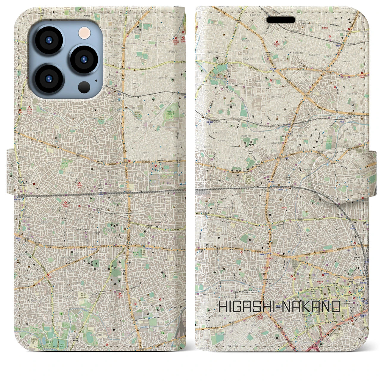 【東中野2(東京都)】地図柄iPhoneケース(手帳タイプ)ナチュラル・iPhone 13 Pro Max 用