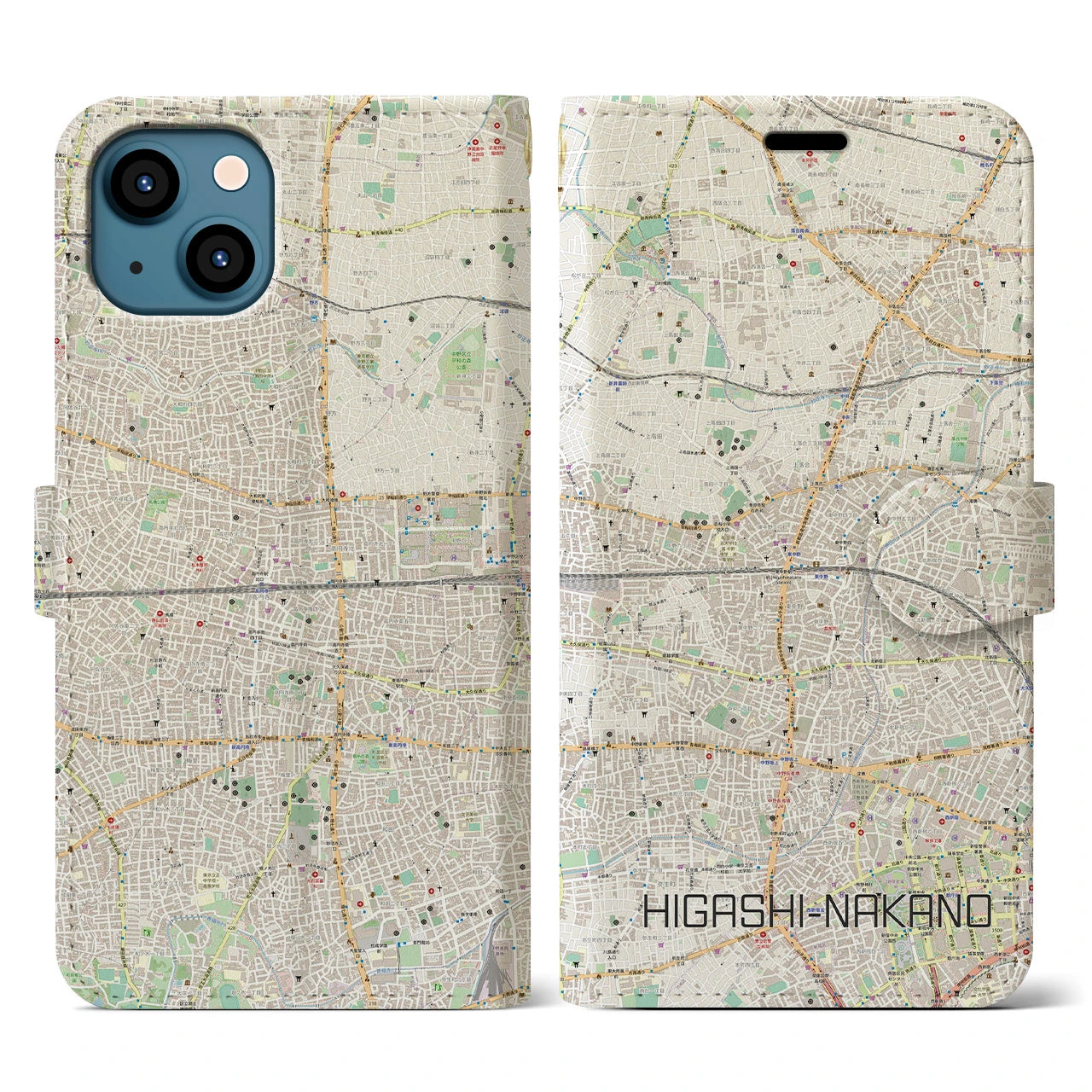 【東中野2(東京都)】地図柄iPhoneケース(手帳タイプ)ナチュラル・iPhone 13 用