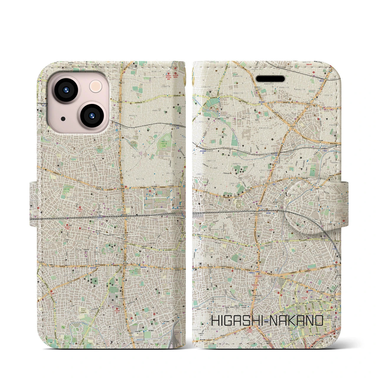 【東中野2(東京都)】地図柄iPhoneケース(手帳タイプ)ナチュラル・iPhone 13 mini 用