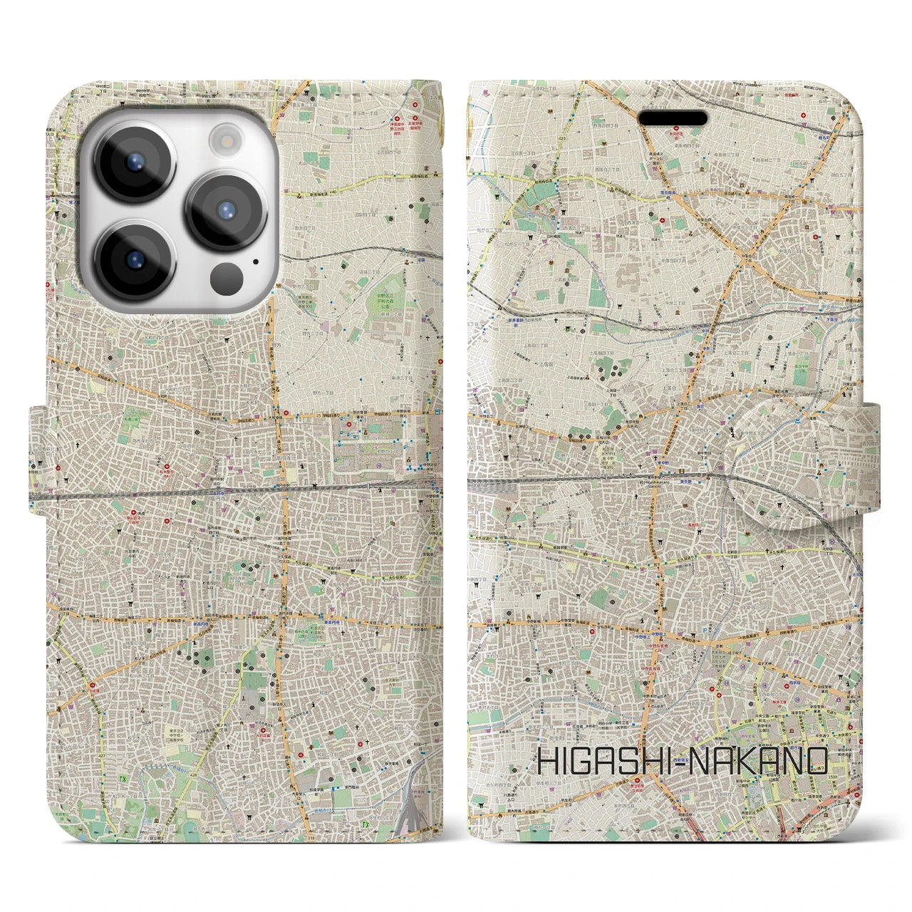 【東中野2(東京都)】地図柄iPhoneケース(手帳タイプ)ナチュラル・iPhone 14 Pro 用