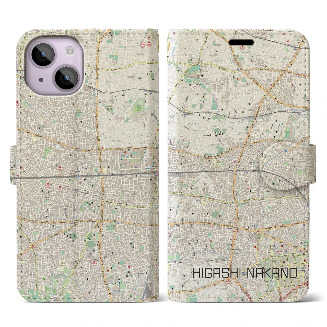 【東中野2(東京都)】地図柄iPhoneケース(手帳タイプ)ナチュラル・iPhone 14 用