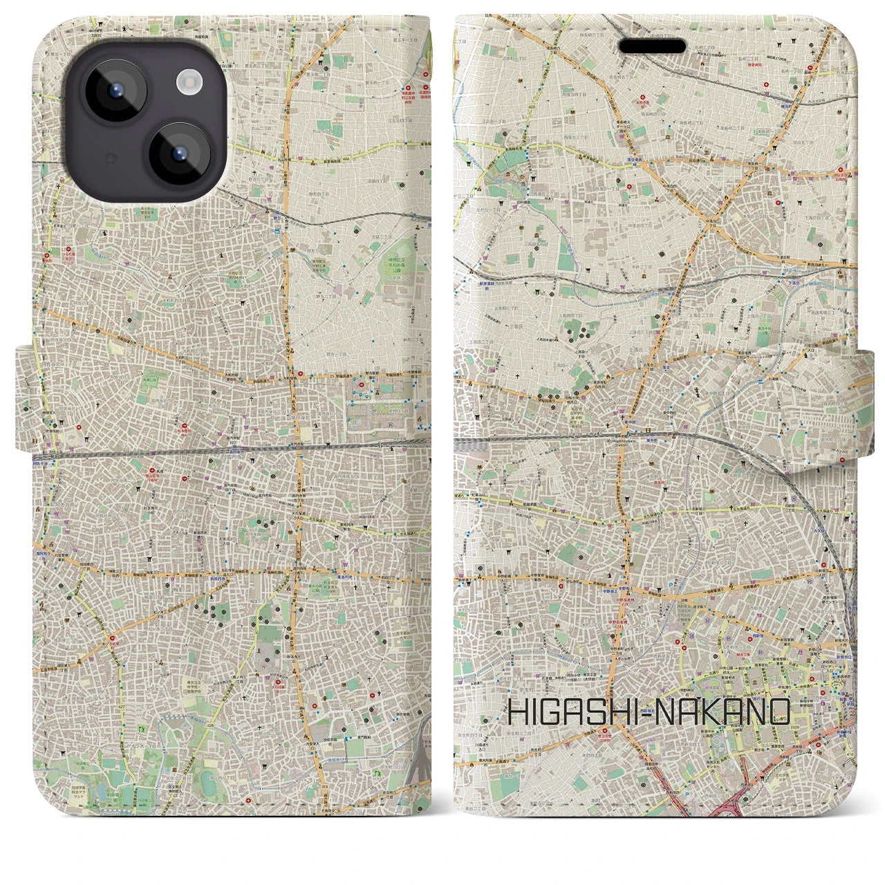 【東中野2(東京都)】地図柄iPhoneケース(手帳タイプ)ナチュラル・iPhone 14 Plus 用