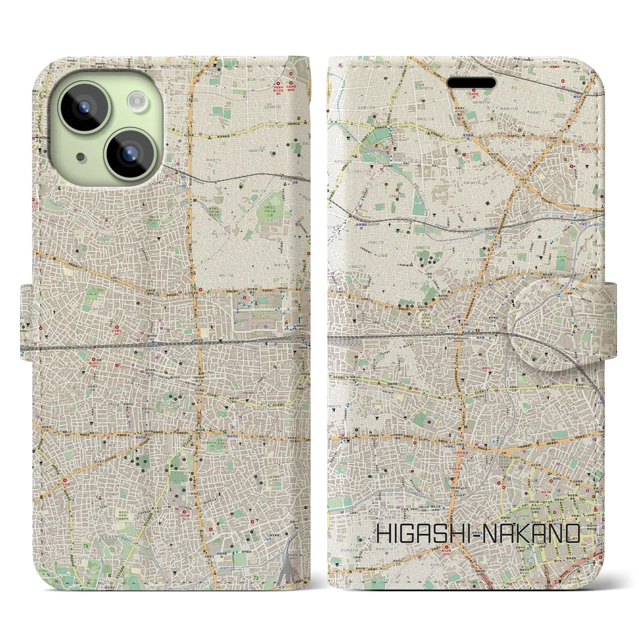 【東中野2(東京都)】地図柄iPhoneケース(手帳タイプ)ナチュラル・iPhone 15 用