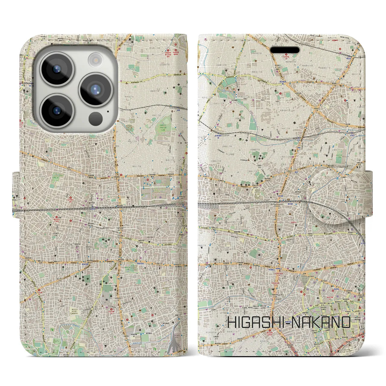 【東中野2(東京都)】地図柄iPhoneケース(手帳タイプ)ナチュラル・iPhone 15 Pro 用